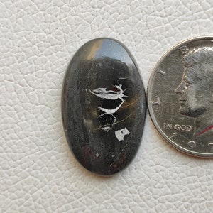 May include: A black oval cabochon gemstone with white and silver inclusions. The gemstone is approximately the size of a US quarter.