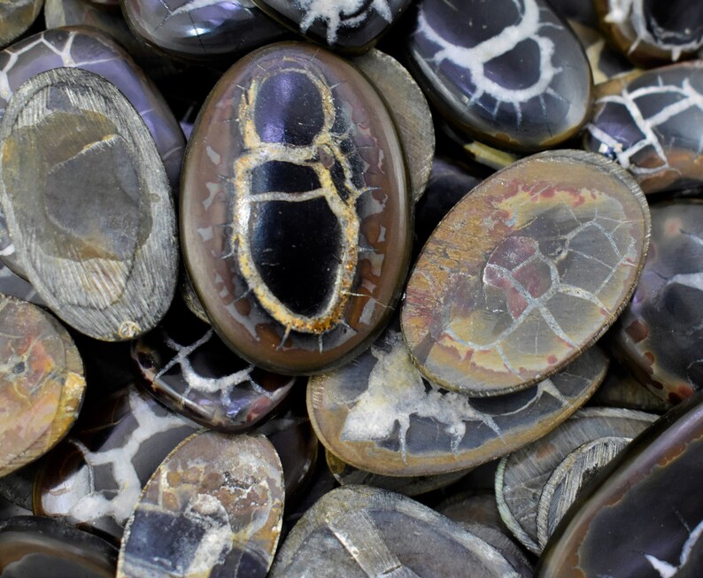 May include: A collection of oval-shaped, polished, brown and black agate stones with white and gray patterns. The stones have a smooth, glossy finish.