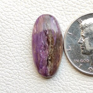 Puede incluir: Una piedra preciosa ovalada en cabujón de color púrpura y marrón con un acabado pulido. La piedra preciosa es aproximadamente del tamaño de una moneda de 25 centavos de dólar estadounidense.