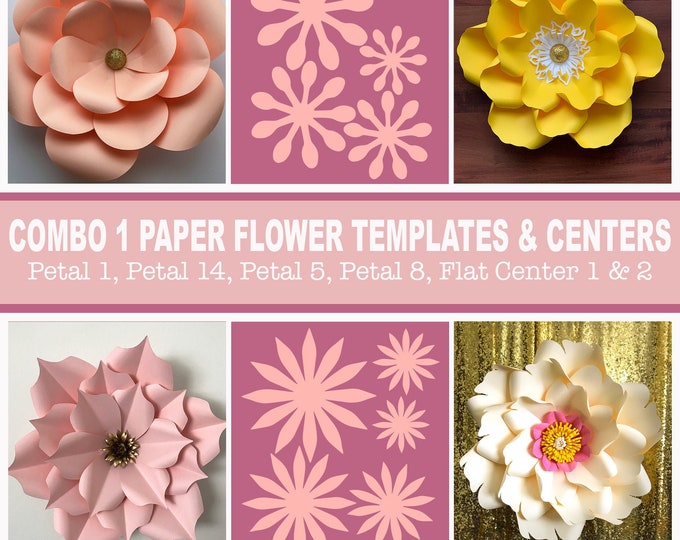 Combo 1 SVG PNG DXF Giant Paper Flower Templates | 3D Flower Pattern Stencil |  Flat Centers and Bases | Diy Craft Home Decor | 30 usd worth