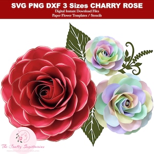 3 Sizes Charry Rose Paper Flower Templates | Stencil | Pattern | Cut Files for Cutting Machine SVG PNG DXF | Diy | Gift for her