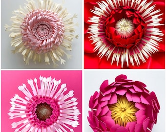 May include: Four paper flowers in different colors and styles. The top left flower is white with pink petals. The top right flower is red with white petals. The bottom left flower is pink with white petals. The bottom right flower is pink with yellow petals.