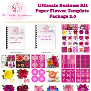May include: A digital download kit for creating paper flowers. The kit includes templates for different flower petals, a guide for installing a paper flower wall, and a business guide for selling paper flowers. The kit is called "Ultimate Business Kit Paper Flower Template Package 2.0" and is from "The Crafty Sagittarius".