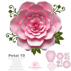 SVG PNG DXF Petal 19 Cut File Template for Diy Giant Paper Flowers w/ Rose bud, bases n flat centers for weddings n events flower backdrop