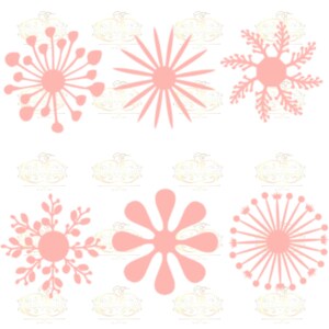 Puede incluir: Conjunto de seis recortes de papel rosa en forma de copos de nieve y flores estilizadas. Los recortes son perfectos para manualidades, scrapbooking o decoración.