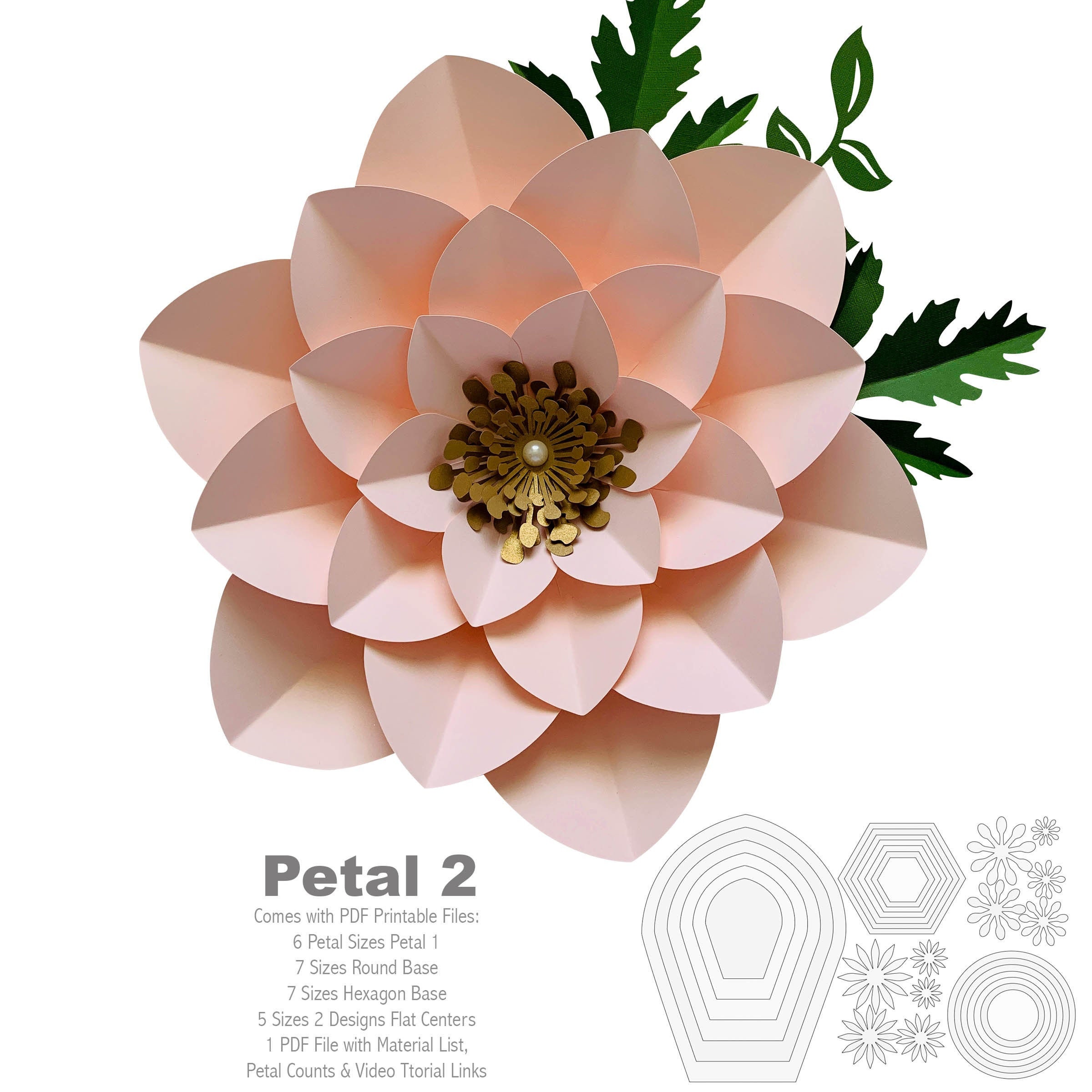 PDF Petal 2 Printable Paper Flowers Template Base Flat Center 3d Paper 
