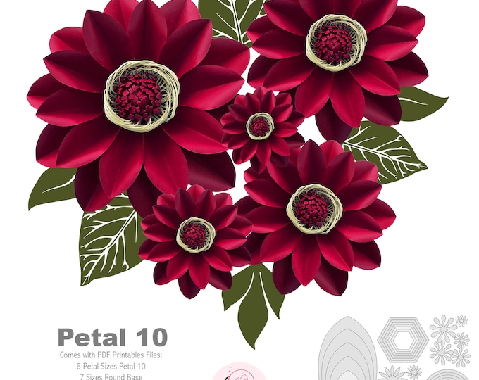 PDF Petal 10 Paper Flowers Printable Template Comes with Flat Center Round & Hexagonal Base Instant download Paper Flower Template kit