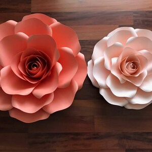May include: Two large paper roses, one in a peachy pink color and the other in a white color. The roses are made of paper and have a layered, three-dimensional look.