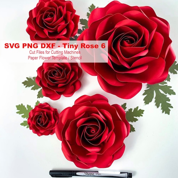 SVG ペーパーフラワー タイニーローズ #6 テンプレート（複数のサイズ） デジタル SVG DXF バージョン、Cricut および Silhouette マシン対応 2.25 インチ - 6 インチのローズ