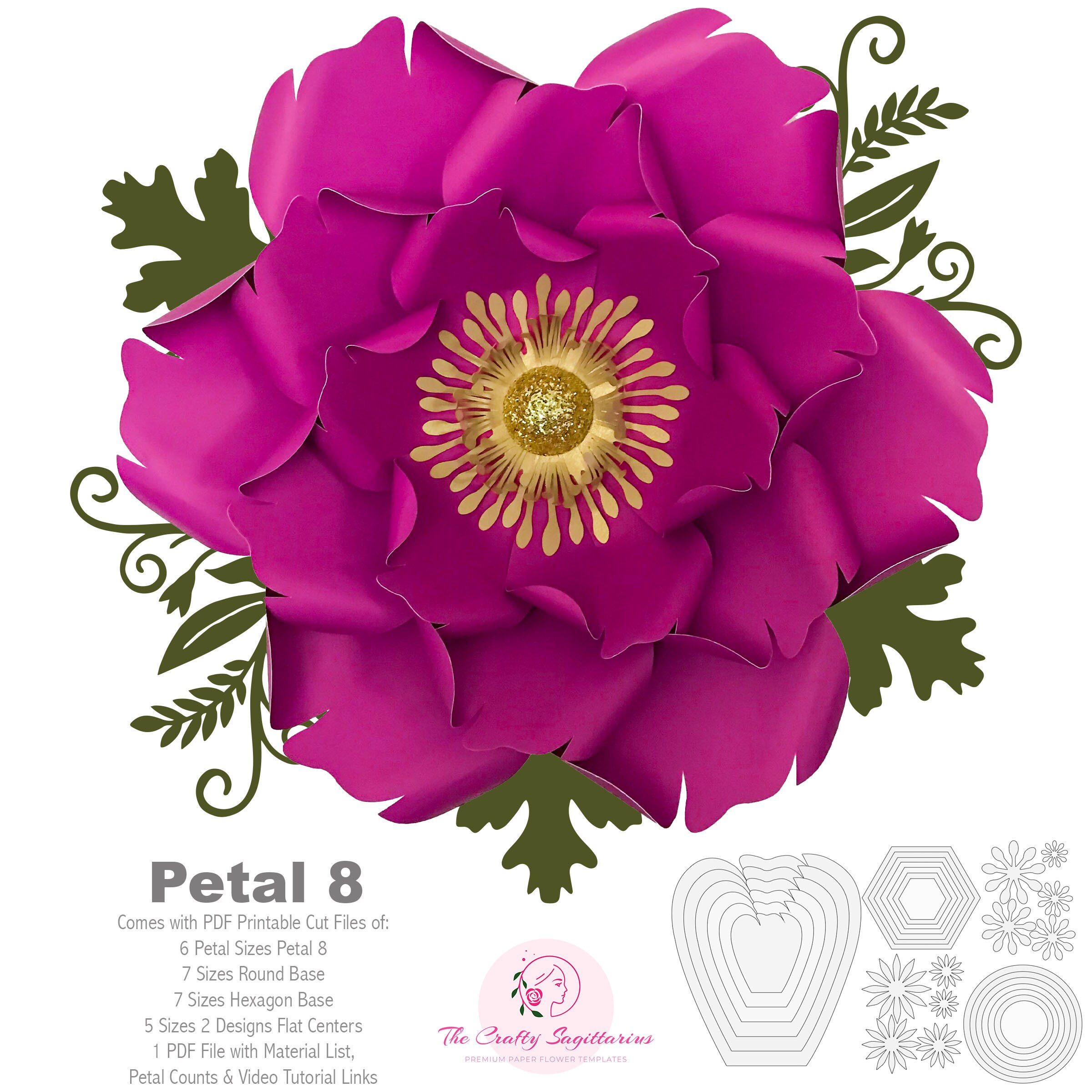 Pdf Petal 8 Printable Paper Flowers Template With Base And Flat Centers Instant Download For Trace N Cut For Wedding And Events Decorations