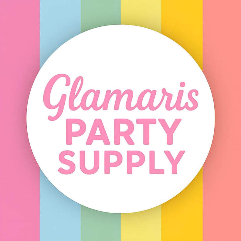 Puede incluir: Un c&iacute;rculo blanco con el texto rosa "Glamaris PARTY SUPPLY" sobre un fondo de rayas verticales en rosa, azul, verde, amarillo y melocot&oacute;n. La imagen es vibrante y colorida.