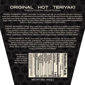 May include: A black and white package of Original Hot Teriyaki beef jerky with beef stems. The package has a nutrition facts label and a list of ingredients. The package is 16 ounces (453 grams).