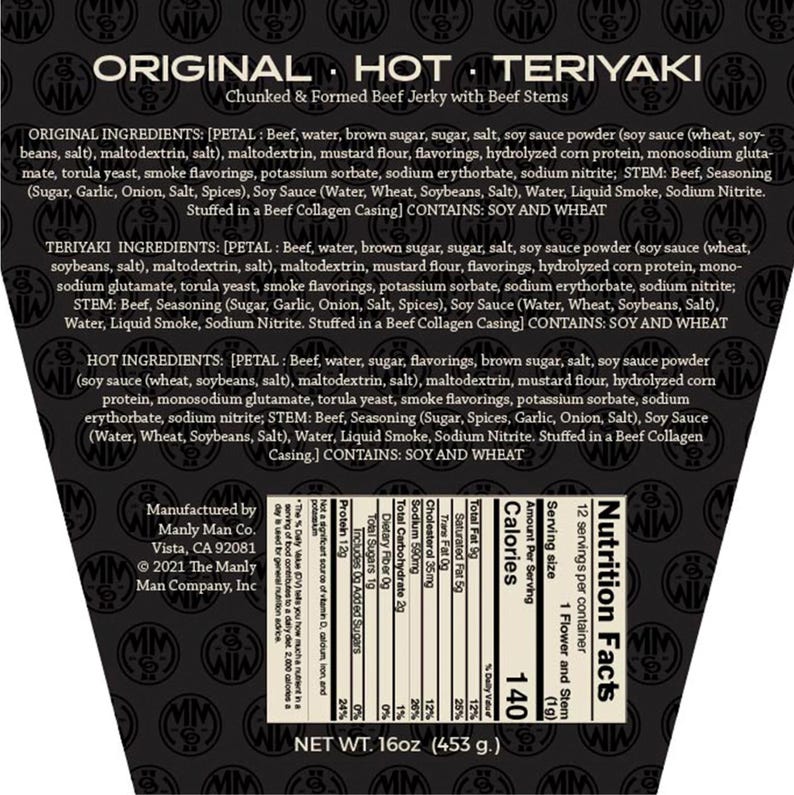 May include: A black and white package of Original Hot Teriyaki beef jerky with beef stems. The package has a nutrition facts label and a list of ingredients. The package is 16 ounces (453 grams).