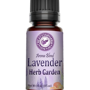 May include: A brown glass bottle with a black cap containing Lavender Herb Garden aroma blend essential oil. The bottle has a purple and white label with the text "Creation Pharm", "100% Pure", "Aroma Blend", "Lavender Herb Garden", and "Net Wt 15 ml (0.5 oz)".