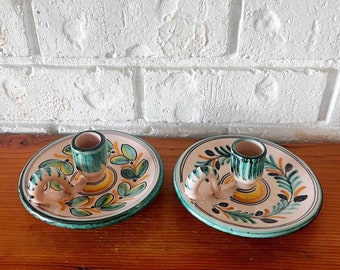 Vintage Ceramic Mexican Style Candlestick Holders, Pink & Green