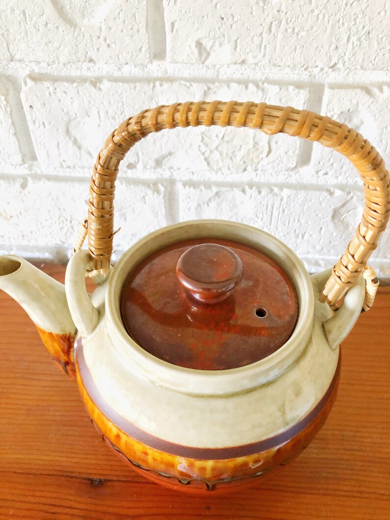 Vintage Pottery Teapot Rattan Wicker Handle Drip Glazed Etsy