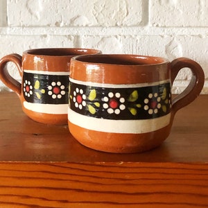 Vintage Terracotta Mugs, Hand Painted Flower Pattern, Glossy Coat, Set Of 2