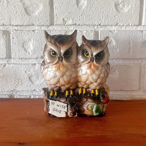 Vintage Owl Piggy Bank, Be Wise Save, Two Owls, Perched On Log