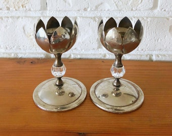 Vintage Silver Plated Candlestick Holders EB Brass Tulip And Crystal Design