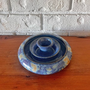 Vintage Pottery Signed Candlestick Holder, Blue Pottery Candle Holder, Chambers