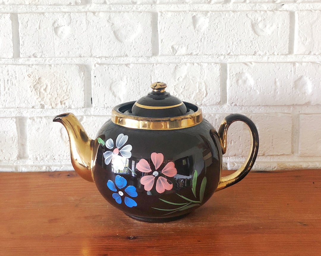 Vintage Brown Betty Teapot ALB Hand Painted Flowers Etsy