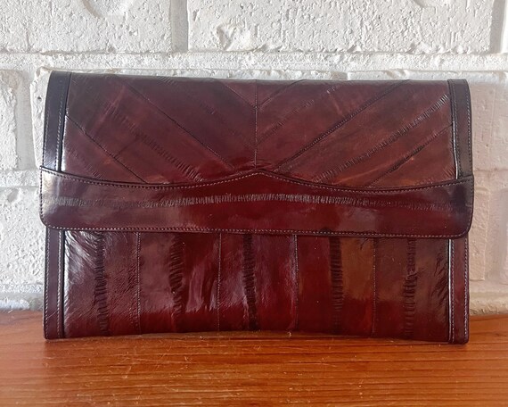 Vintage 80s Dark Brown Eel Skin Clutch Handbag - image 2