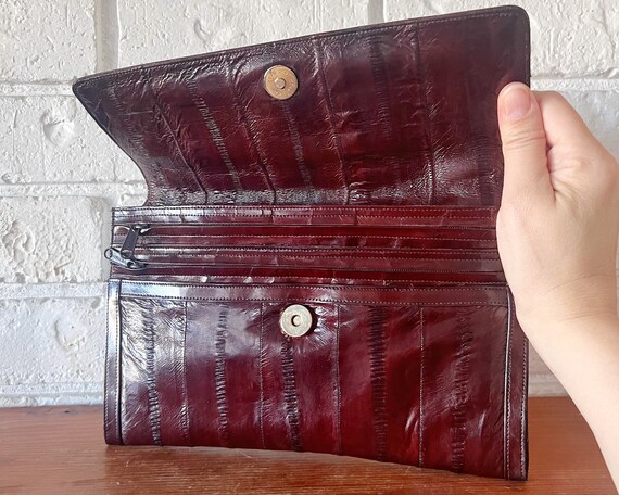 Vintage 80s Dark Brown Eel Skin Clutch Handbag - image 5