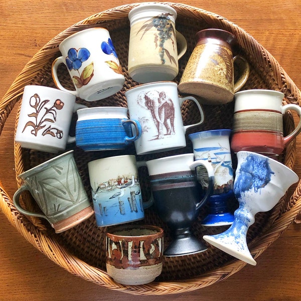 Vintage Mugs, Vintage Pottery Mugs, Vintage Pottery Mug Lot, Vintage Stoneware Mugs, Vintage Bohemian Mugs, Mother's Day Gift,