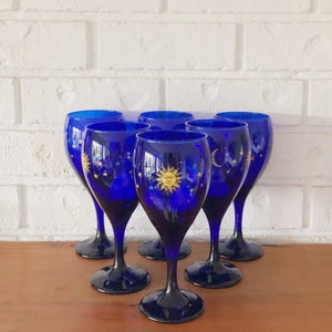 Set of Two Vintage Cobalt Blue Libbey Moon Star Celestial Glass Goblets Wine Glasses