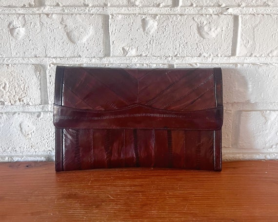 Vintage 80s Dark Brown Eel Skin Clutch Handbag - image 1