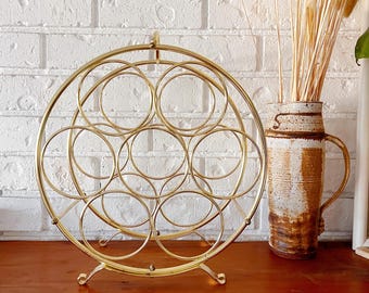 Vintage Gold Tone Metal Wine Rack, 7 Bottle Capacity