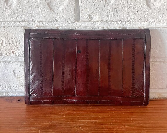 Vintage 80s Dark Brown Eel Skin Clutch Handbag - image 3
