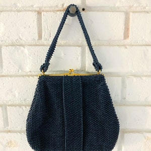 Vintage Evening Bag Navy Blue Corde Bead By Lumured 1950s Gold Hardware