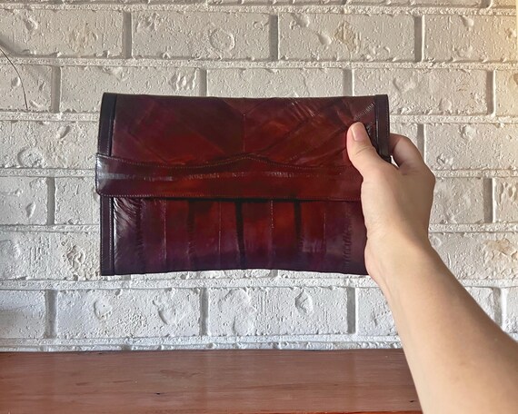 Vintage 80s Dark Brown Eel Skin Clutch Handbag - image 8