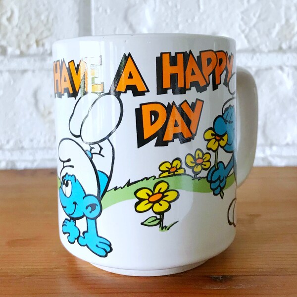 Vintage Smurf 1980's Coffee Mug Happy Day