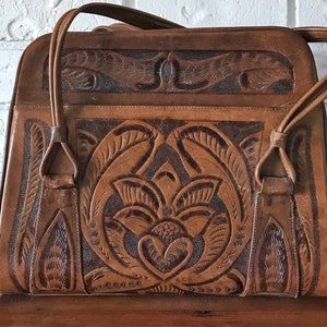 Beautiful Vintage Brown Leather Tooled Handbag Boho Bohemian Style Handbag With Top Handles Avelar Made In Mexico