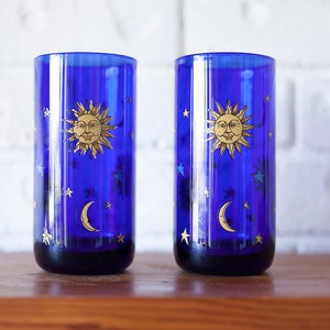 Set of Two Vintage Cobalt Blue Libbey Moon Star Celestial Glass Tumblers