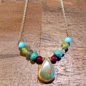 Turquoise teardrop necklace with Rubies, labradorite, Peridot, green and  blue Turquoise on a gold filed chain 16.5&quot; /2&quot; extension