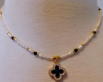 Four Leaf Clover Necklace: Black Spinel, Pearl, Gold Charm