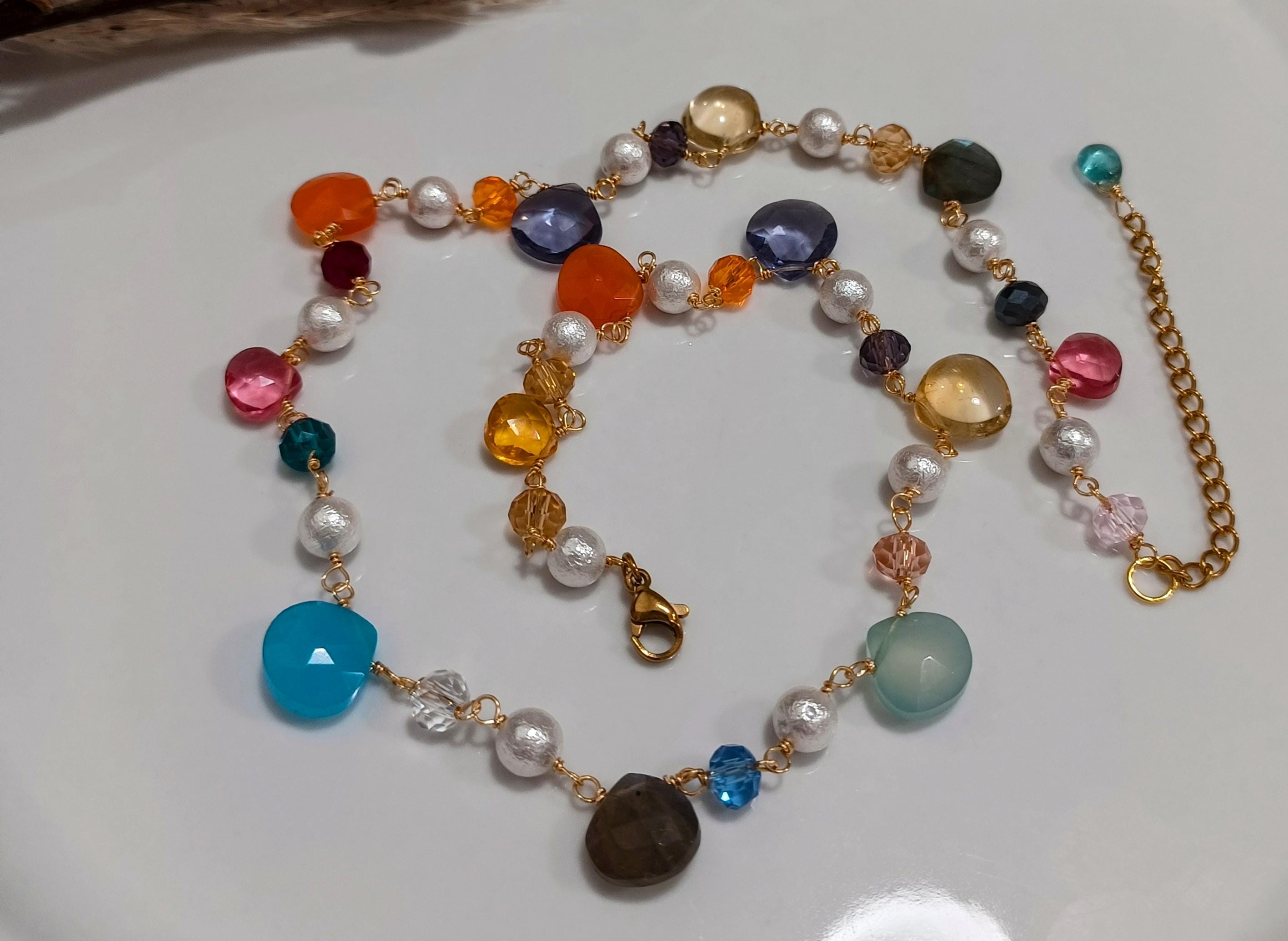 Colorful Rainbow wire wrapped necklace with briolettes of Blue Chalcedony, pink tourmaline, Topaz, Laboradite, Amethyst, Citrine, pearls...