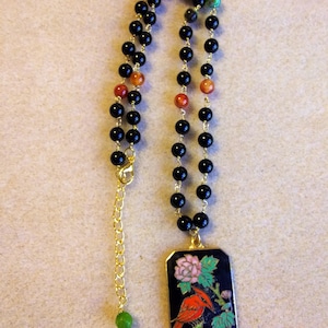 Cloisonne pendant with a wire wrapped chain with black onyx, Carnelian, and green jade 6mm beads