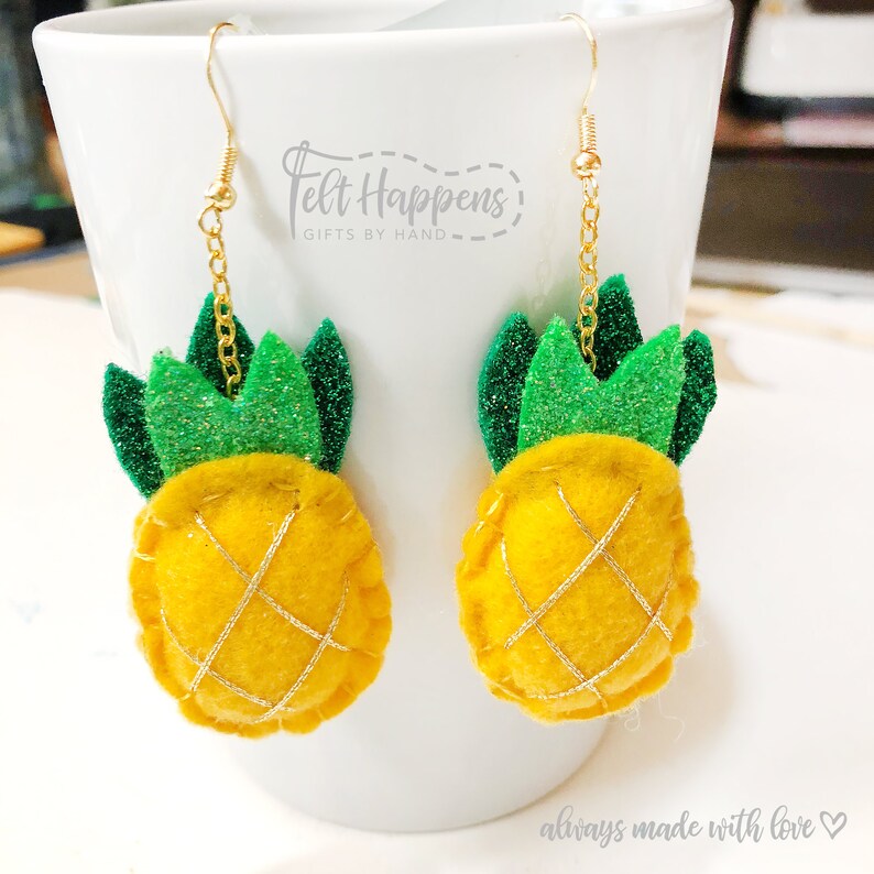Pineapple Earrings, Felt Jewelry, Handmade Jewelry, Felt Food, Gold, Glitter, Accessories, Gift By Hand image 4