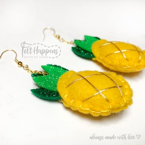 Pineapple Earrings, Felt Jewelry, Handmade Jewelry, Felt Food, Gold, Glitter, Accessories, Gift By Hand image 2