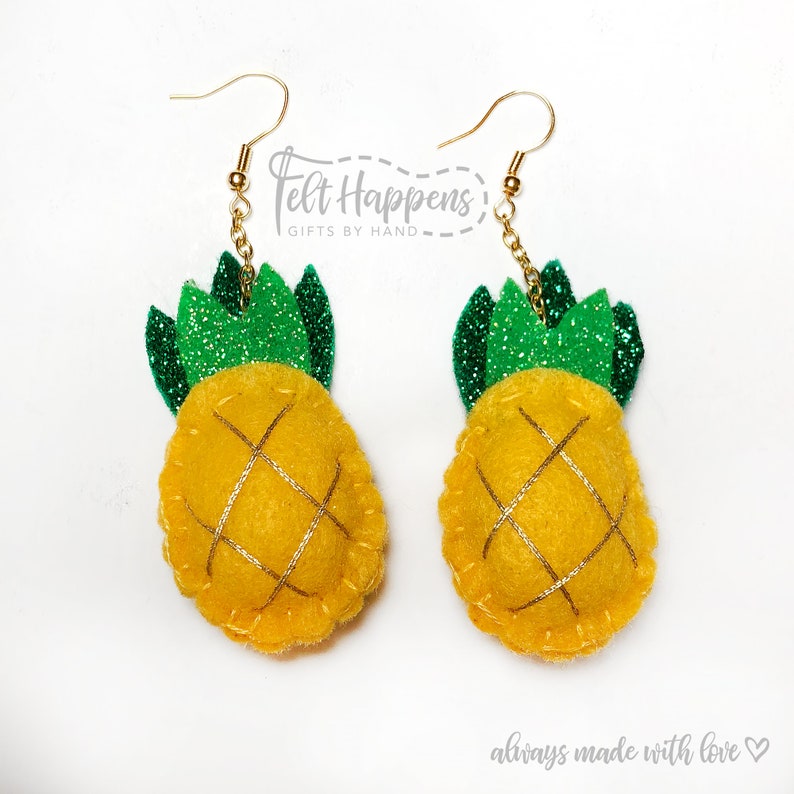 Pineapple Earrings, Felt Jewelry, Handmade Jewelry, Felt Food, Gold, Glitter, Accessories, Gift By Hand image 1