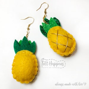 Pineapple Earrings, Felt Jewelry, Handmade Jewelry, Felt Food, Gold, Glitter, Accessories, Gift By Hand image 3