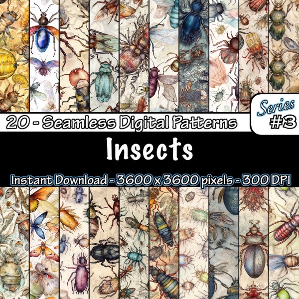 Insects Series 3 | 20 Unique Insect Seamless Patterns | Seamless Designs | Bugs Digital Paper | Tile Patterns | Instant Download