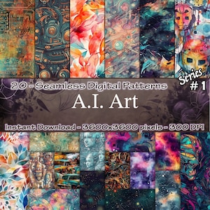 May include: A set of 20 digital seamless patterns featuring abstract designs in a variety of colours, including blue, green, red, orange, and purple. The patterns are inspired by AI art and are perfect for use in digital and print projects.