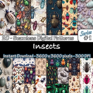 Insetos Série 1 | 20 padrões exclusivos de besouro sem costura | Desenhos perfeitos | Papel Digital de Bugs | Padrões de azulejos | Download instantâneo