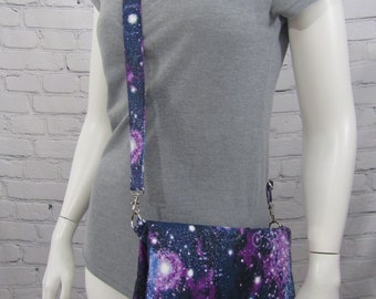 Purple Glitter Galaxy Small Fold over cross body purse, messenger bag, shoulder bag, adjustable strap, removable strap, fanny pack purse