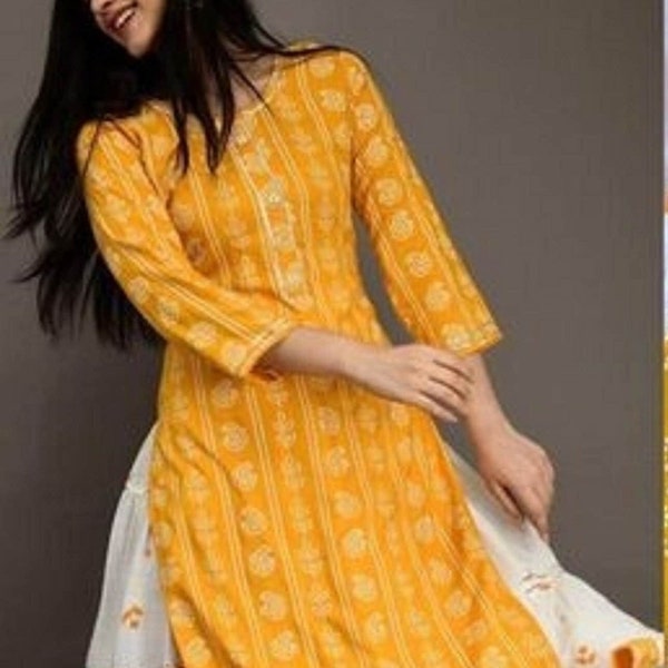 Bellissimo top etnico Kurti O da donna, esclusivo abbigliamento festivo indiano, disponibile in nero, rosso, verde, giallo, arancione, rosa, dalla M alla 4XL.